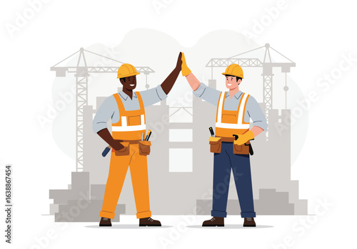 Two cheerful and diverse builder colleagues in safety gear giving a high-five, celebrating teamwork and success at a building site.