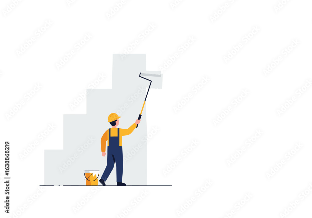 A skilled builder in a helmet and uniform painting a wall with a long roller. Vector illustration of a painter working on a home improvement or construction project. A skilled builder in a helmet and uniform painting a wall with a long roller. Vector illustration of a painter working on a home improvement or construction project.
