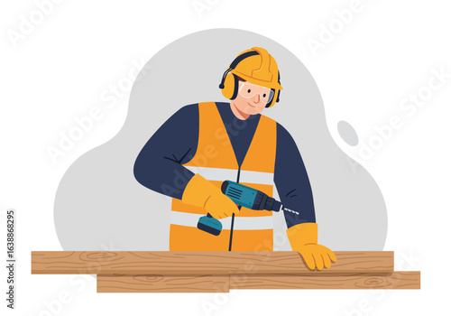 Illustration of a skilled builder in safety gear, using a power drill on wooden planks. A professional construction worker or carpenter at a job site.