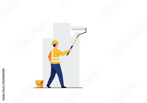 Professional builder in a hard hat painting a wall with a roller on a long pole, a flat vector illustration of renovation and construction industry work.