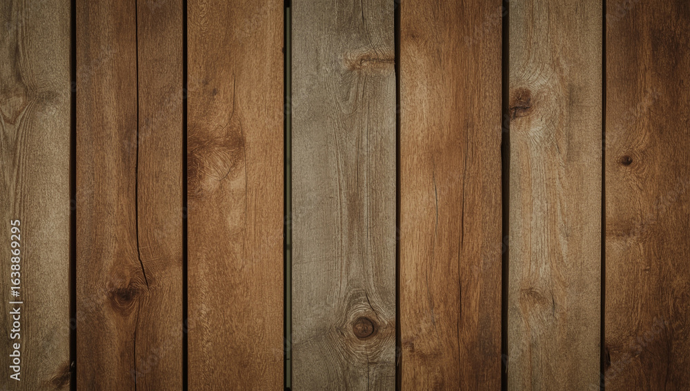 Naklejka premium A rustic background of vertical wooden planks in various shades of brown, showing natural grain, knots, and texture.