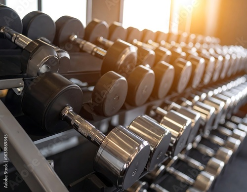 Rows of dumbbells on a rack in a gym, illuminated by sunlight