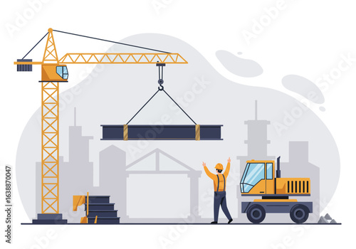 Vector illustration of a professional builder supervising a tower crane lifting a heavy steel beam on a modern construction site with heavy machinery