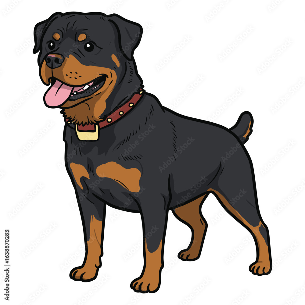 Fototapeta premium Smiling rottweiler standing with tongue out and red collar – stock vector flat illustration