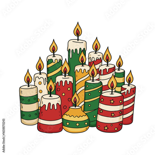 Festive arrangement of striped and decorated candles with flames – stock vector flat illustration