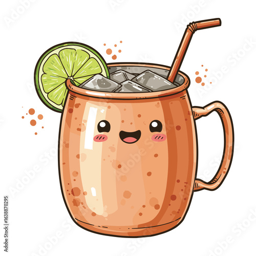 Cute kawaii style copper mug with ice, lime, and straw illustration – stock vector flat illustration