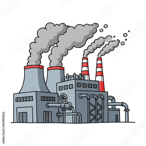 Industrial power plant illustration with smoke emissions and cooling towers – stock vector flat illustration