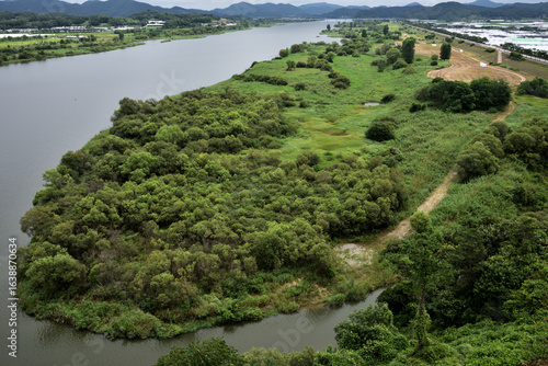 Scenic View of Baekmagang River and Lush Green Landscape in Buyeo, South Korea