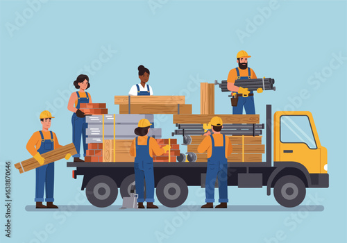 A diverse team of professional builder workers collaborate to unload construction materials like wood, bricks, and steel from a yellow truck.