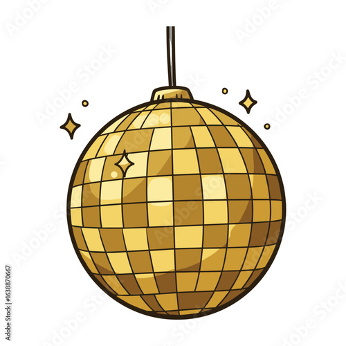 Golden disco ball with sparkles and shining highlights in cartoon style – stock vector flat illustration