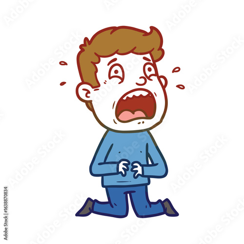 Cartoon character crying: male expressing desperation in blue outfit – stock vector flat illustration