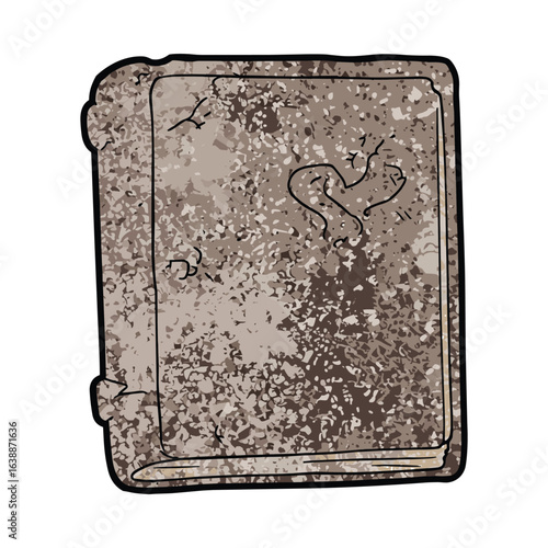 Aged brown leather hardcover book with heart symbol on spotted surface – stock vector flat illustration