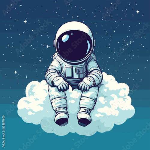 Cute astronaut hiding in cloud, vector style simple color