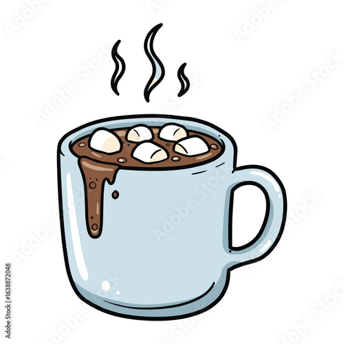 Steaming mug of hot chocolate with marshmallows in blue cup – stock vector flat illustration