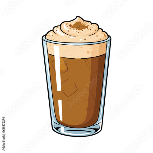 Iced coffee with creamy froth in a clear glass – stock vector flat illustration
