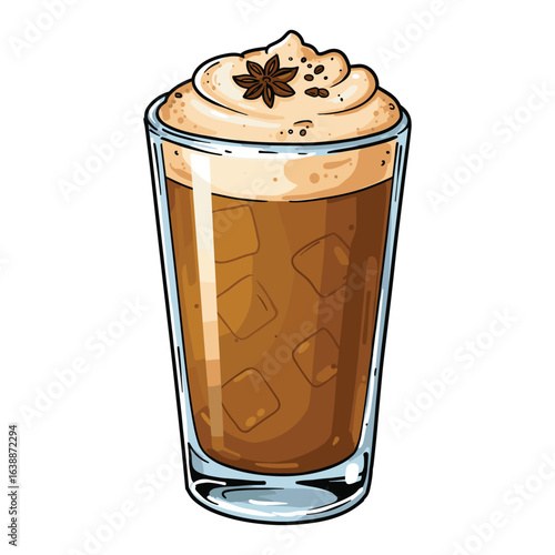 Iced coffee drink with cream and star anise garnish – stock vector flat illustration