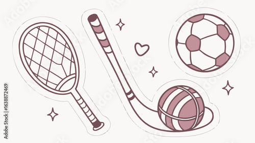 Vector illustration of sports equipment including tennis racket soccer ball and lacrosse stick sticker