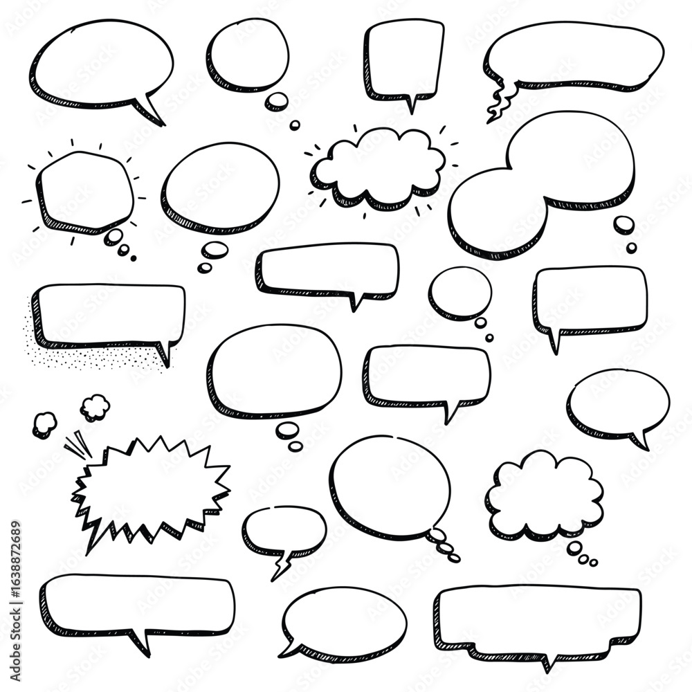 Fototapeta premium Collection of hand-drawn speech and thought bubbles in black and white – stock vector flat illustration
