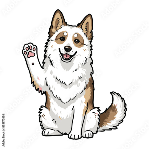 Cute cartoon dog waving cheerfully with raised paw – stock vector flat illustration