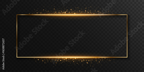 Luxury gold sparkling frame isolated on dark transparent background. Magic golden banner with dynamic magical particles. Vector illustration.