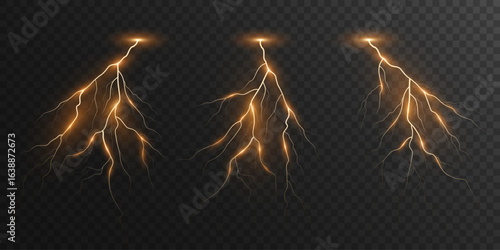 Lightning set on dark transparent background. Realistic thunderbolt with light effect. Golden thunderstorm effects. Vector illustration.