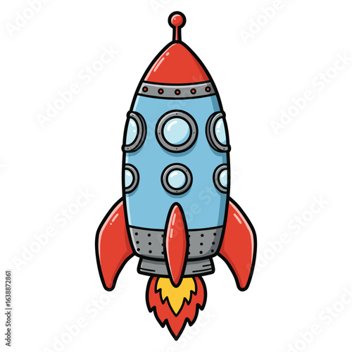 Colorful cartoon rocket ship with red fins and blue body – stock vector flat illustration