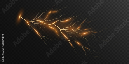Realistic golden lightning isolated on dark transparent background. Thunderbolt with light effect. Thunderstorm graphic cover. Vector illustration.