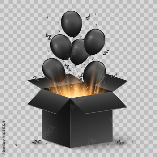 Black balloons fly out of open 3d box with a golden glow and magical dust on transparent background. Graphic elements for sale design. Vector illustration.