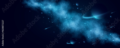 Abstract universe background with glowing stars, falling meteors, nebula clouds and planets in deep space. Futuristic outer space scene for sci-fi, astronomy or cosmic presentation. Vector.