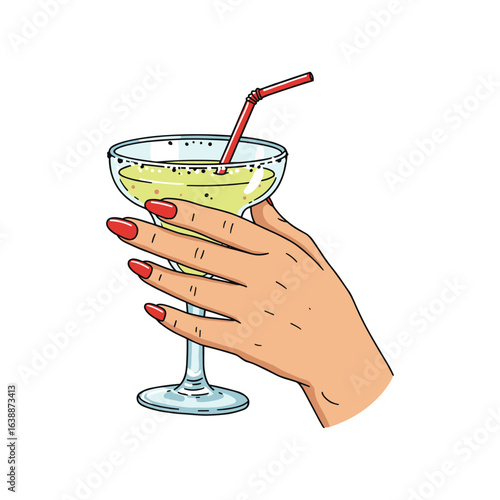 Hand holding cocktail glass with yellow beverage and straw – stock vector flat illustration