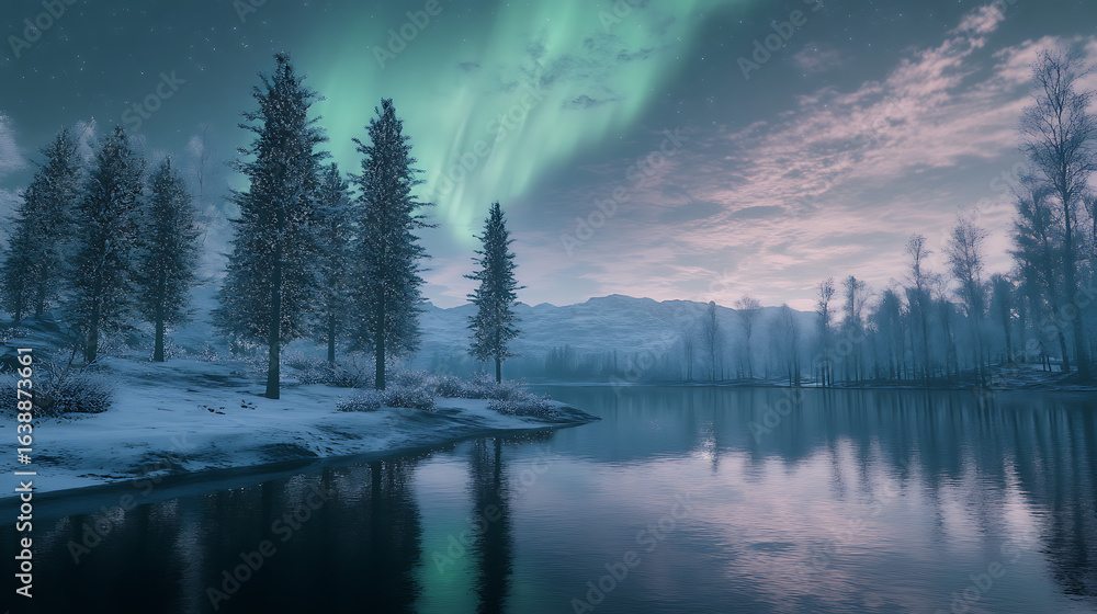Fototapeta premium Aurora borealis over frozen lake winter landscape