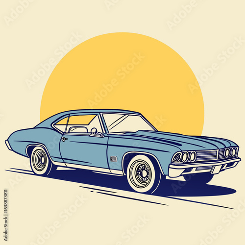 Vector art of a classic car in blue, with a yellow circle behind it. This image is for stock content, as it is being uploaded to Adobe Stock.

