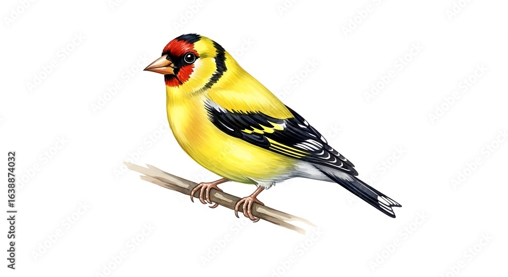 Detailed Watercolor Illustration of a European Goldfinch Perched on a Branch Detailed Watercolor Illustration of a European Goldfinch Perched on a Branch