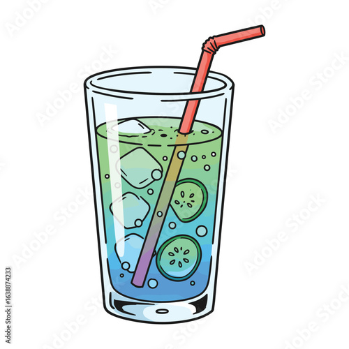 Refreshing citrus and blueberry infused beverage with straw in tall glass – stock vector flat illustration