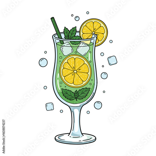 Refreshing mint lemonade with ice cubes and lemon slices in a glass – stock vector flat illustration