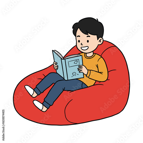 Asian male child reading on red bean bag chair with a smile – stock vector flat illustration