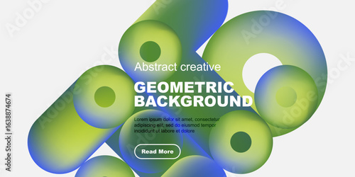 Abstract geometric shapes, vibrant colors, modern design. Text includes geometric background, plus sample text, button. Clean, simple aesthetic.