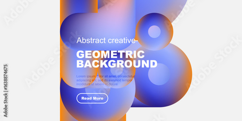 Abstract geometric background features vibrant blue, orange hues. Text overlay includes sample content, button. Modern design elements present.