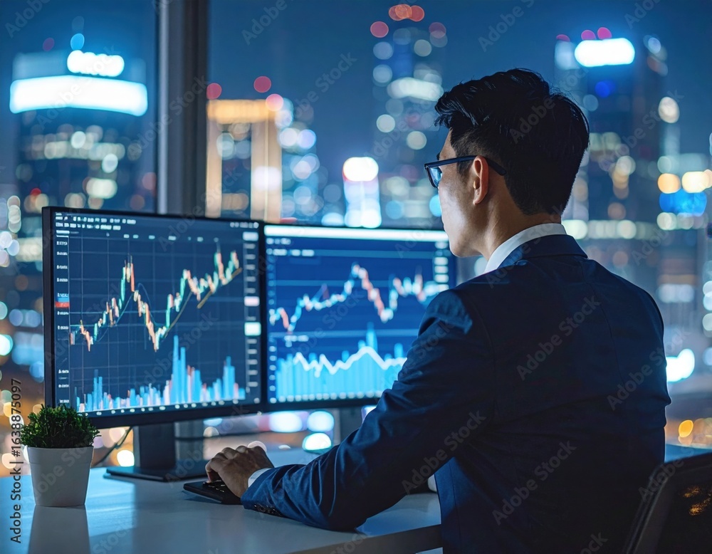 Obraz premium Businessman Analyzing Stock Market Trends At Night