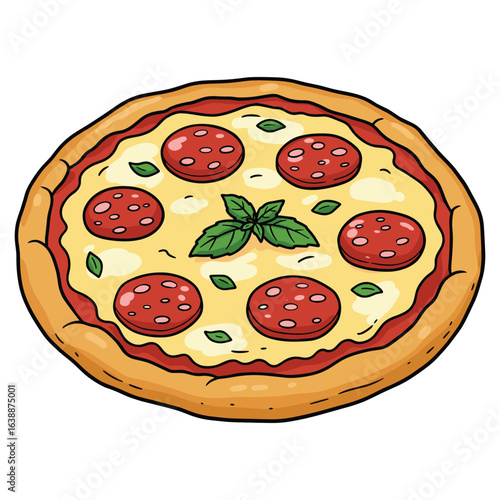 Delicious pepperoni pizza with cheese and basil toppings on crusty base – stock vector flat illustration