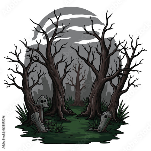 Spooky forest with bare trees under full moon – stock vector flat illustration