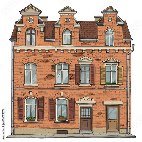 Classic european brick building with symmetrical windows and shutters – stock vector flat illustration