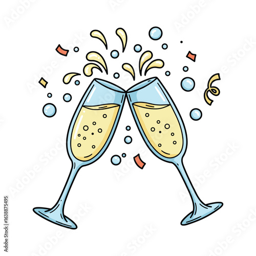 Celebratory champagne toast with clinking glasses and festive confetti – stock vector flat illustration