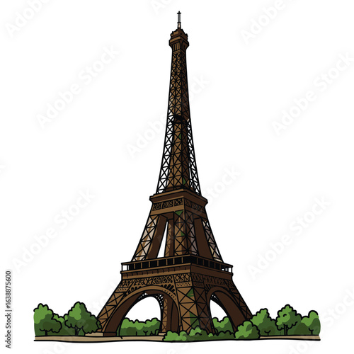 Eiffel tower illustration with trees and clear sky in background – stock vector flat illustration