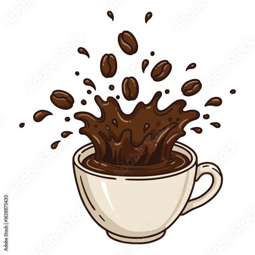 Dynamic coffee explosion with splashing beans in cup – stock vector flat illustration