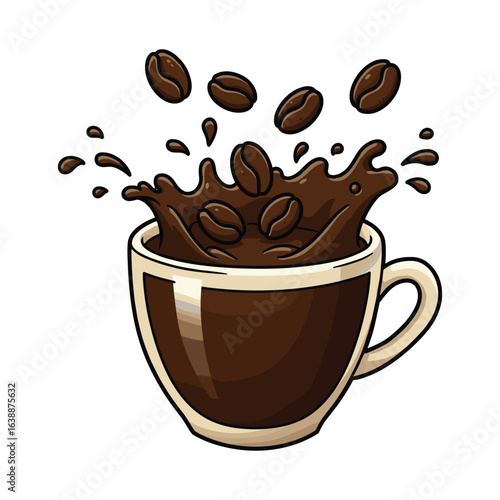 Cartoon coffee cup with splashing coffee beans and liquids – stock vector flat illustration