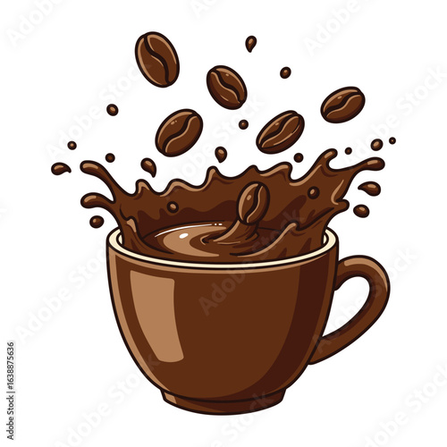 Coffee splash with flying beans in a cup – stock vector flat illustration