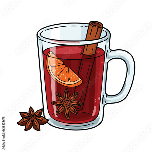 Warm spiced mulled wine with orange slice and cinnamon stick – stock vector flat illustration