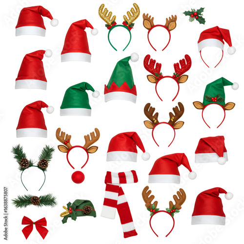Collection of Festive Holiday Decorations Christmas Hats and Headbands isolated on Black Background