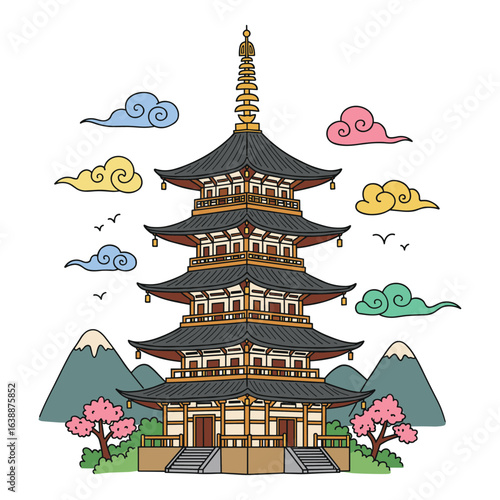 Traditional japanese pagoda with cherry blossoms and mountains – stock vector flat illustration